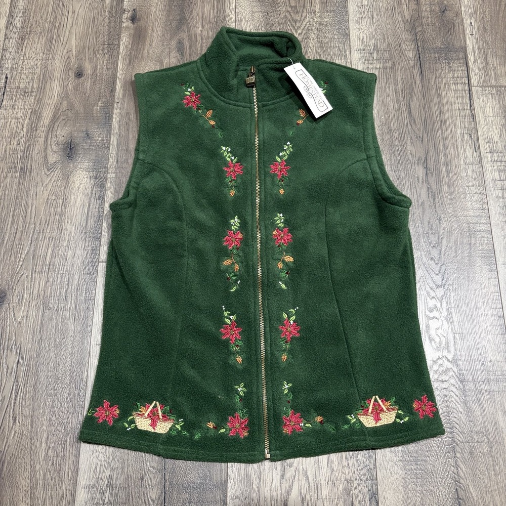 VTG Longaberger Homestead Vest Womens Small Green Fleece Floral Embroidered NWT